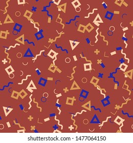 Seamless Memphis Background. Abstract Colorful Texture with Lines and Geometric Figures for Wallpaper, Print, Cotton. Modern Seamless Multicolor Background in Memphis Style for your Design. Vector.