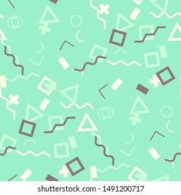 Seamless Memphis Background. Abstract Colorful Texture with Lines and Geometric Figures for Cotton, Print, Calico. Trendy Seamless Multicolor Background in Memphis Style for your Design. Vector.