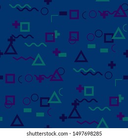 Seamless Memphis Background. Abstract Colorful Texture with Lines and Geometric Figures for Wallpaper, Print, Cotton. Retro Seamless Multicolor Background in Memphis Style for your Design. Vector.
