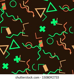 Seamless Memphis Background. Abstract Colorful Texture with Lines and Geometric Figures for Print, Cloth, Fabric. Modern Seamless Multicolor Background in Memphis Style for your Design. Vector.