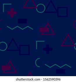 Seamless Memphis Background. Abstract Colorful Texture with Lines and Geometric Figures for Dress, Curtain, Tablecloth. Retro Seamless Multicolor Background in Memphis Style for your Design. Vector.