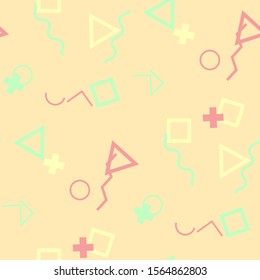 Seamless Memphis Background. Abstract Colorful Texture with Lines and Geometric Figures for Wallpaper, Fabric, Textile. Trendy Seamless Multicolor Background in Memphis Style for your Design. Vector.