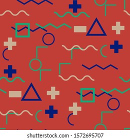Seamless Memphis Background. Abstract Colorful Texture with Lines and Geometric Figures for Cotton, Print, Calico. Retro Seamless Multicolor Background in Memphis Style for your Design. Vector.