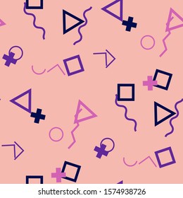 Seamless Memphis Background. Abstract Colorful Texture with Lines and Geometric Figures for Wallpaper, Print, Textile. Vintage Seamless Multicolor Background in Memphis Style for your Design. Vector.