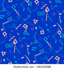 Seamless Memphis Background. Abstract Colorful Texture with Lines and Geometric Figures for Print, Fabric, Textile. Retro Seamless Multicolor Background in Memphis Style for your Design. Vector.