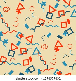 Seamless Memphis Background. Abstract Colorful Texture with Lines and Geometric Figures for Fabric, Cloth, Textile. Retro Seamless Multicolor Background in Memphis Style for your Design. Vector.