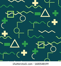 Seamless Memphis Background. Abstract Colorful Texture with Lines and Geometric Figures for Print, Fabric, Textile. Vintage Seamless Multicolor Background in Memphis Style for your Design. Vector.