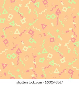 Seamless Memphis Background. Abstract Colorful Texture with Lines and Geometric Figures for Dress, Curtain, Paper. Trendy Seamless Multicolor Background in Memphis Style for your Design. Vector.