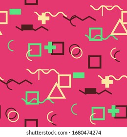 Seamless Memphis Background. Abstract Colorful Texture with Lines and Geometric Figures for Chintz, Linen, Paper. Modern Seamless Multicolor Background in Memphis Style for your Design. Vector.