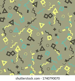 Seamless Memphis Background. Abstract Colorful Texture with Lines and Geometric Figures for Cotton, Print, Calico. Modern Seamless Multicolor Background in Memphis Style for your Design. Vector.