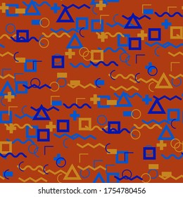Seamless Memphis Background. Abstract Colorful Texture with Lines and Geometric Figures for Linen, Paper, Tablecloth. Retro Seamless Multicolor Background in Memphis Style for your Design. Vector.