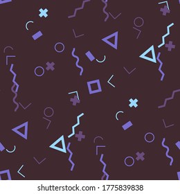 Seamless Memphis Background. Abstract Colorful Texture with Lines and Geometric Figures for Dress, Curtain, Tablecloth. Modern Seamless Multicolor Background in Memphis Style for your Design. Vector.
