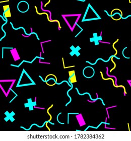Seamless Memphis Background. Abstract Colorful Texture with Lines and Geometric Figures for Print, Cloth, Fabric. Trendy Seamless Multicolor Background in Memphis Style for your Design. Vector.