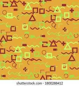 Seamless Memphis Background. Abstract Colorful Texture with Lines and Geometric Figures for Cotton, Calico, Textile. Vintage Seamless Multicolor Background in Memphis Style for your Design. Vector.