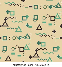 Seamless Memphis Background. Abstract Colorful Texture with Lines and Geometric Figures for Wallpaper, Fabric, Textile. Vintage Seamless Multicolor Background in Memphis Style for your Design. Vector.