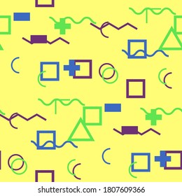 Seamless Memphis Background. Abstract Colorful Texture with Lines and Geometric Figures for Wallpaper, Print, Cotton. Vintage Seamless Multicolor Background in Memphis Style for your Design. Vector.