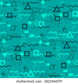 Seamless Memphis Background. Abstract Colorful Texture with Lines and Geometric Figures for Print, Cloth, Fabric. Retro Seamless Multicolor Background in Memphis Style for your Design. Vector.