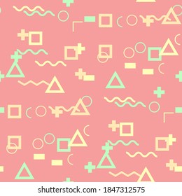 Seamless Memphis Background. Abstract Colorful Texture with Lines and Geometric Figures for Dress, Curtain, Paper. Trendy Seamless Multicolor Background in Memphis Style for your Design. Vector.