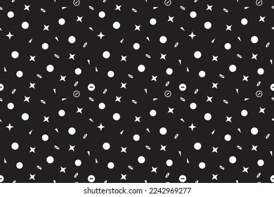 Seamless Memphis Background. Abstract Colorful shapes with Lines and Geometric Figures on black for Fabric, Cloth, Textile. Modern Seamless Multicolor Background in Memphis Style. Vector illustration