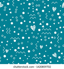 Seamless Memphis Background. Abstract Texture with Lines Points Triangles Heart and Geometric Figures for Dress fabric Curtain Tablecloth. Trendy Seamless Light blue Background in Doodle Style. Vector