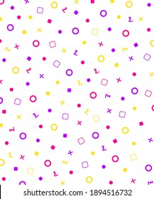 Seamless memphis design ornamental pattern vector background. Abstract purple, yellow and violet icons geometric shapes pattern, creative vector design for wallpaper, wrapping paper of flyer
