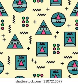 Seamless memphis geometric abstract weird face pattern background