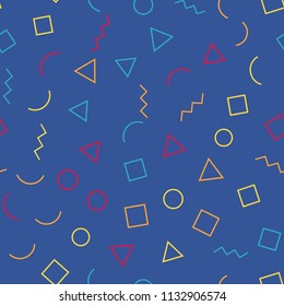 Seamless memphis geometric pattern 80's-90's styles on a blue background with different shapes. Trendy memphis style. Vector repeating texture.