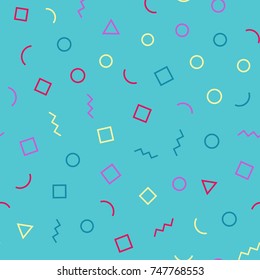 Seamless memphis geometric pattern with blue background with different shapes. Vector repeating texture.