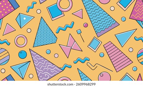 Seamless Memphis Geometric Pattern. Colorful Abstract 80s 90s Retro Background with Circles, Dots, Zigzags, Spirals, and Wavy Lines. Bright Orange Pink Fun Doodle Design for Kids.