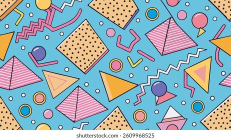 Seamless Memphis Geometric Pattern. Colorful Abstract 80s 90s Retro Background with Circles, Dots, Zigzags, Spirals, and Wavy Lines. Bright Orange Pink Fun Doodle Design for Kids.