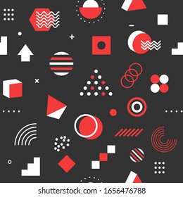 Seamless memphis pattern in 80s style, fashion cool background with geometric shapes, black hipster backdrop. Vector illustration