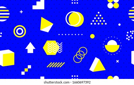 Nahtlose Memphis-Muster im Stil der 80er, blauer, cooler Hintergrund mit geometrischen Formen, Hip-Hop-Hintergrund. Vektorillustration