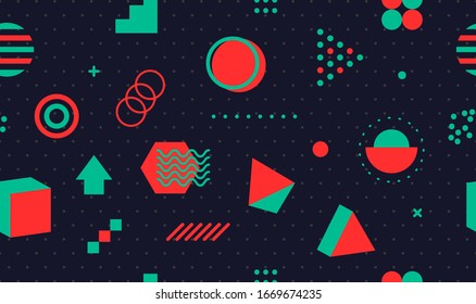 Seamless memphis pattern in 80s style, black fashion cool background with geometric shapes, hipster backdrop. Vector illustration