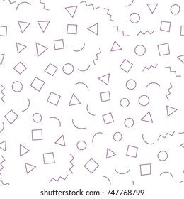 Seamless memphis pattern 80's-90's styles on a white background with different shapes. Vector repeating texture.
