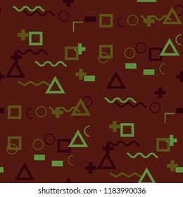 Seamless Memphis Pattern. Abstract Color Texture with Lines and Geometric Figures for Dress, Curtain, Tablecloth. Trendy Seamless Multicolor Background in Memphis Style for your Design. Vector.