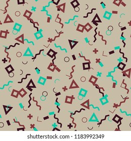 Seamless Memphis Pattern. Abstract Color Texture with Lines and Geometric Figures for Dress, Paper, Tablecloth. Vintage Seamless Multicolor Background in Memphis Style for your Design. Vector.