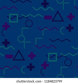 Seamless Memphis Pattern. Abstract Color Texture with Lines and Geometric Figures for Chintz, Linen, Paper. Trendy Seamless Multicolor Background in Memphis Style for your Design. Vector.