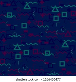 Seamless Memphis Pattern. Abstract Color Texture with Lines and Geometric Figures for Linen, Paper, Tablecloth. Vintage Seamless Multicolor Background in Memphis Style for your Design. Vector.