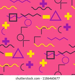 Seamless Memphis Pattern. Abstract Color Texture with Lines and Geometric Figures for Print, Fabric, Textile. Trendy Seamless Multicolor Background in Memphis Style for your Design. Vector.