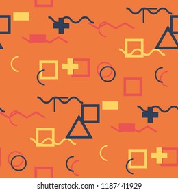 Seamless Memphis Pattern. Abstract Color Texture with Lines and Geometric Figures for Print, Cloth, Fabric. Vintage Seamless Multicolor Background in Memphis Style for your Design. Vector.