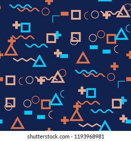 Seamless Memphis Pattern. Abstract Color Texture with Lines and Geometric Figures for Print, Fabric, Textile.  Trendy Seamless Multicolor Background in Memphis Style for your Design. Vector.