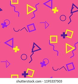 Seamless Memphis Pattern. Abstract Color Texture with Lines and Geometric Figures for Print, Fabric, Textile.  Trendy Seamless Multicolor Background in Memphis Style for your Design. Vector.