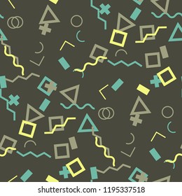 Seamless Memphis Pattern. Abstract Color Texture with Lines and Geometric Figures for Print, Cloth, Textile. Vintage Seamless Multicolor Background in Memphis Style for your Design. Vector.