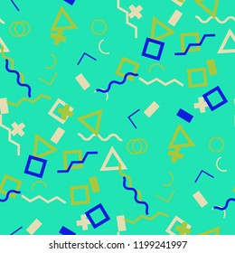 Seamless Memphis Pattern. Abstract Color Texture with Lines and Geometric Figures for Wallpaper, Print, Textile. Retro Seamless Multicolor Background in Memphis Style for your Design. Vector.