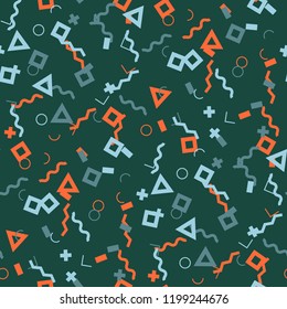 Seamless Memphis Pattern. Abstract Color Texture with Lines and Geometric Figures for Chintz, Linen, Wallpaper. Vintage Seamless Multicolor Background in Memphis Style for your Design. Vector.