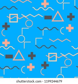 Seamless Memphis Pattern. Abstract Color Texture with Lines and Geometric Figures for Wallpaper, Cotton, Textile. Vintage Seamless Multicolor Background in Memphis Style for your Design. Vector.