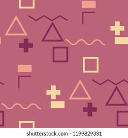 Seamless Memphis Pattern. Abstract Color Texture with Lines and Geometric Figures for Linen, Paper, Tablecloth. Vintage Seamless Multicolor Background in Memphis Style for your Design. Vector.