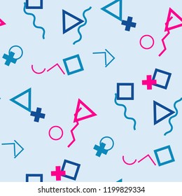 Seamless Memphis Pattern. Abstract Color Texture with Lines and Geometric Figures for Wallpaper, Fabric, Textile. Trendy Seamless Multicolor Background in Memphis Style for your Design. Vector.
