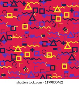 Seamless Memphis Pattern. Abstract Color Texture with Lines and Geometric Figures for Wallpaper, Fabric, Textile. Retro Seamless Multicolor Background in Memphis Style for your Design. Vector.