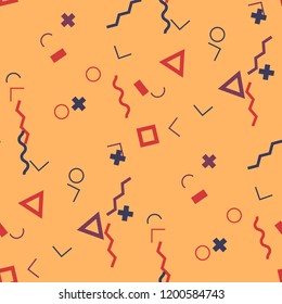 Seamless Memphis Pattern. Abstract Color Texture with Lines and Geometric Figures for Cotton, Calico, Textile. Retro Seamless Multicolor Background in Memphis Style for your Design. Vector.